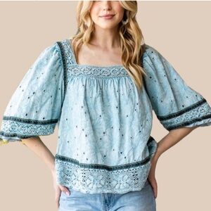 Blue Smocked Blouse with 3/4 Sleeves